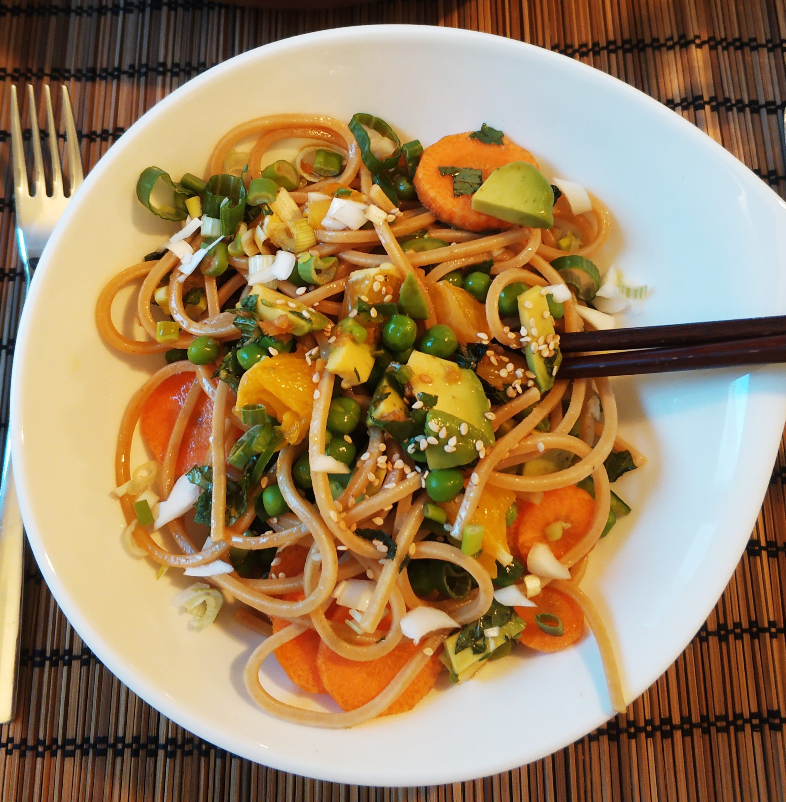 Asian Noodle Salad with Ginger dressing, Mint, Green Peas and Orange